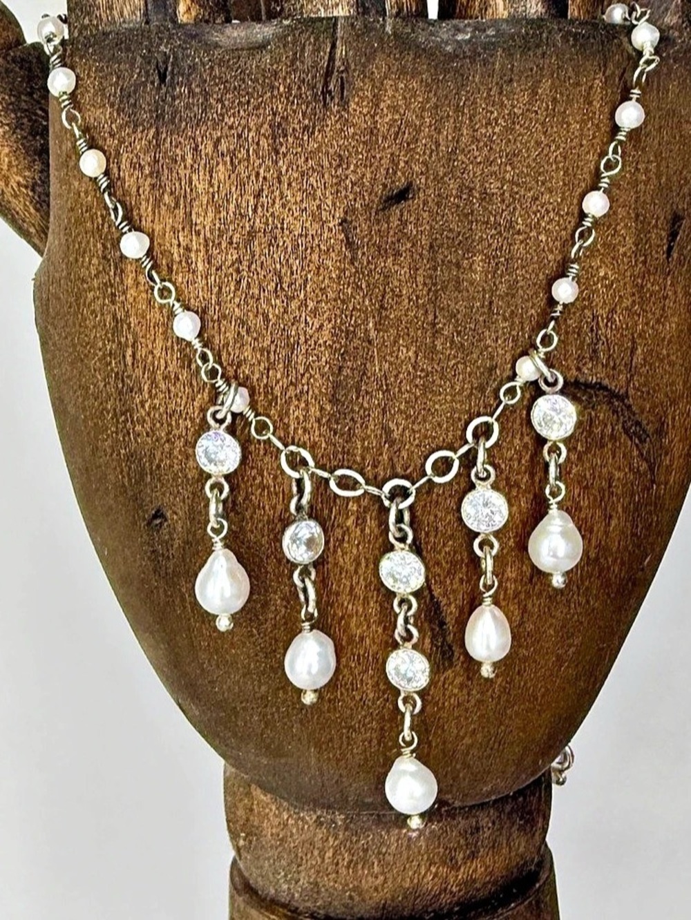 White Freshwater Pearl Necklace, Sterling Silver Zircon Bezel